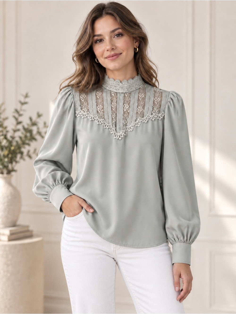 Q.FAN.Q Sage Gray Lace Victorian Blouse Small